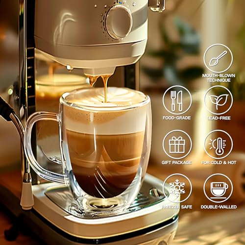 Set of 2 Double Walled Glass Coffee Mugs 16 Ounces Insulated Layer Coffee Cups with Handle Borosilicate Glass Espresso Cup for Hot Beverage (2 Count)