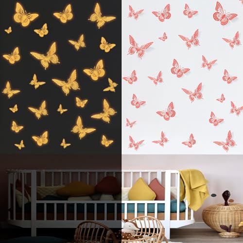 Glow in The Dark 3D Butterfly 24 Pcs Orange Butterfly Stickers (24 Count)