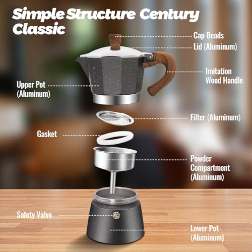 6 Cup Aluminum Moka Pot Classic Stovetop Espresso Coffee Maker 300ml 10oz Coffeemaker Percolator Mocha Pot Greca Coffee Maker Cafe Makers for Italian and Cuban Café Brewing Gray