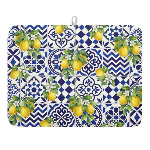 Lemon and Blue Tile Dish Drying Mat 18x24 Inch Absorbent Reversible Mexican Tilt Drying Mat Blue White Italy Lemons Dish Drying Rack Mat Summer Themed Dish Drainer Mat for Kitchen Counter Coffee Bar
