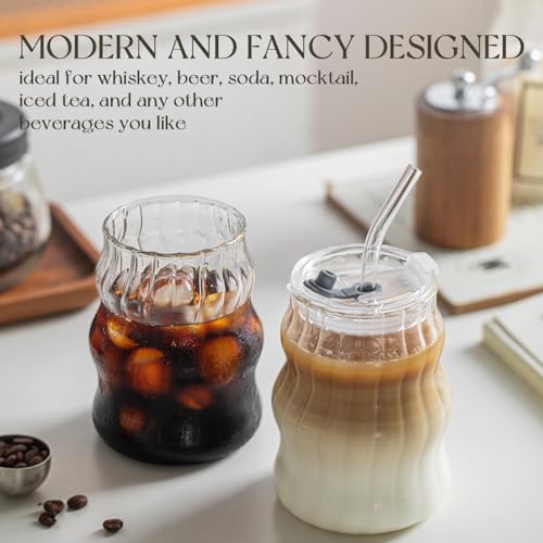 4PCS Ribbed Glass Cups with Lids & Straws