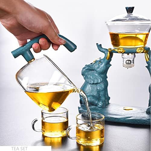 RORA Lazy Kungfu Glass Tea Set Semi Automatic Drip Rotating with Infuser Glass Teapot Set (Elephant Tea Set+6 cups)