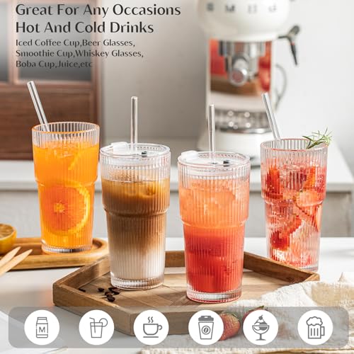 20 oz Ribbed Glass Tumblers with Lids and Glass Straws