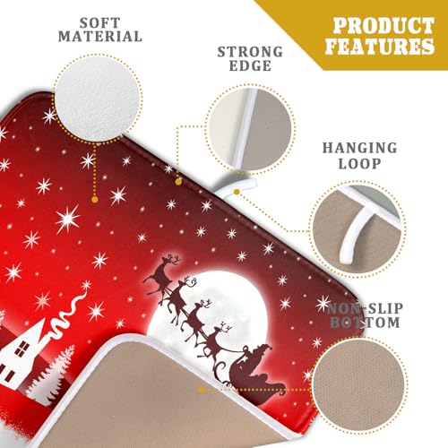 Christmas Reindeer Moon Star Red Dish Drying Mat for Kitchen Counter