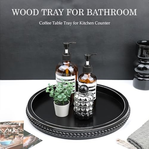 Round Black Wood Serving Tray with Beads