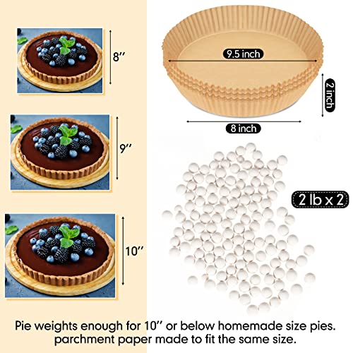 2 Pack 2 lb White Pie Weights for Baking Crust Reusable Ceramic Blind Baking Beans Stoneware with 50 Pcs Disposable Parchment Paper Pie Liner Fit 8