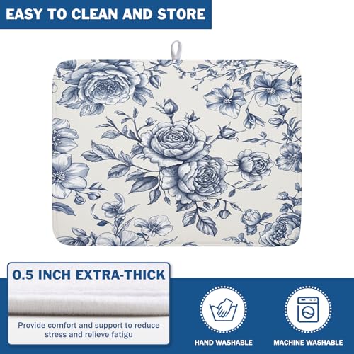 Vintage Floral Dish Drying Mat for Kitchen Counter Blue Floral Chinoiserie Pattern Dish Drying Pad 18x24 In Absorbent French Farmhouse Decor Dishes Drainer Pad Dish Dry Rack Mat for Counter Coffee Bar