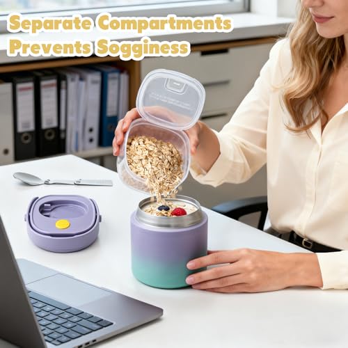 2 - in - 1 Soup Thermo for Hot Food 14oz with Snack Box Container Leak Proof Insulated Lunch Container Kids and Adults Stainless Steel Double Wall Vacuum Wide-mouth Thermal with Spoon and Handle