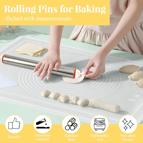 Adjustable Rolling Pin with 4 Thickness Rings for Baking