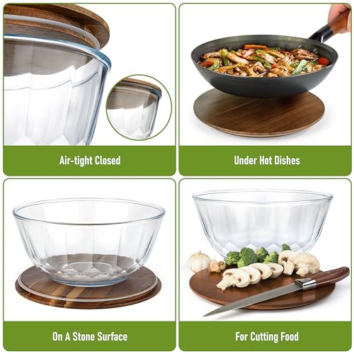 Large Stackable Glass Mixing Bowls with Acacia Lids Set of 5