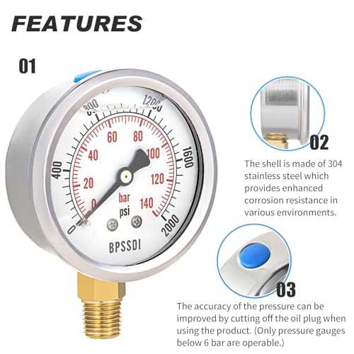 0 2000 Psi Glycerin Liquid Filled Hydraulic High Pressure Gauge