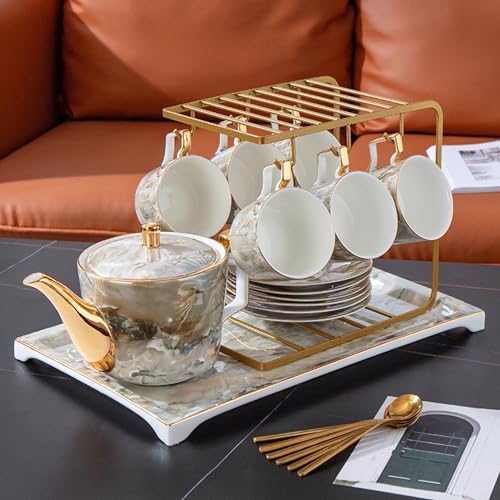 Marble Pattern Porcelain Tea Set with Gold Accents