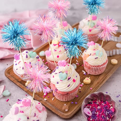 30Pcs Foil Firework Cupcake Toppers Sparkle Tinsel Cupcake Picks Happy Birthday Cake Decorations Drink Stirrers Cocktail Food Toothpicks for Baby Shower Graduation Party Supplies Blue Pink (30 Count)
