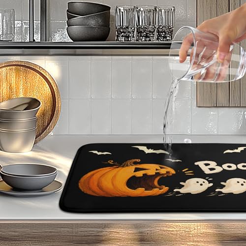 Halloween Ghost Dish Drying Mats Spooky Pumpkin Dish Mat Bat Drying Matt Dishes Dryer Pad for Kitchen Counter Absorbent Microfiber Washable Foldable Reusable 18x24 in