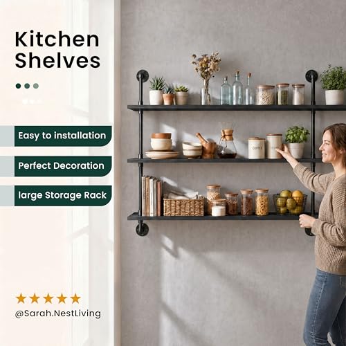 Floating Shelves 70 inch Wall Bookshelf Industrial Pipe Shelving Shelves Real Wood Planks Rustic Wall Shelves Hanging Bookshelves Farmhouse Kitchen Bar Shelving