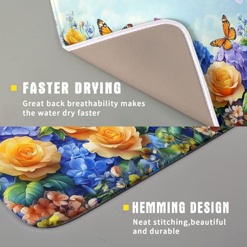 Spring Blue Yellow Hydrangeas Flowers Dish Drying Mat for Kitchen Counter
