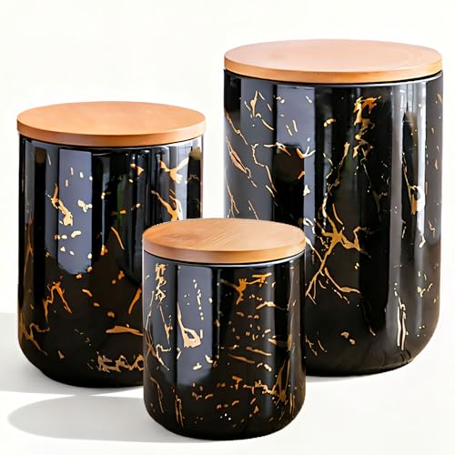 Black Marble Ceramic Canister with Bamboo Lid (3 Count)