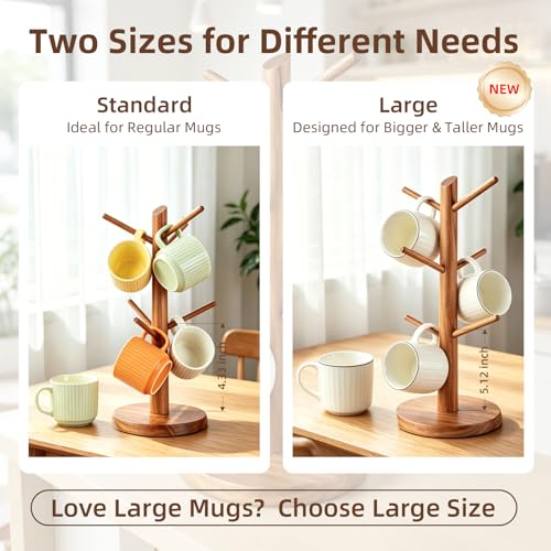 Large Acacia Wood Mug Holder Tree for Countertop