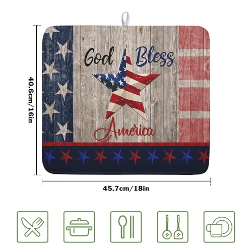 4th of July Dish Drying Mat 16x18 Inch Patriotic God Bless America Memorial Kitchen Mats Independence Day Absorbent Dishes Pad for Kitchen Counter USA Star Drying Mat Home Decor for Countertop