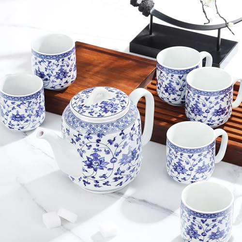 Chinese Blue and White Porcelain Teapot Set Traditional Kung Fu Tea Sets with 6 Cups for Loose Leaf Tea Adults
