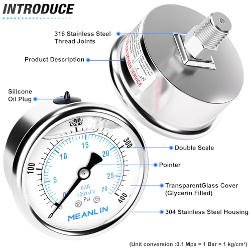 0~400Psi Liquid Filled Pressure Gauge Stainless Steel with 316 Stainless Steel Joint 1