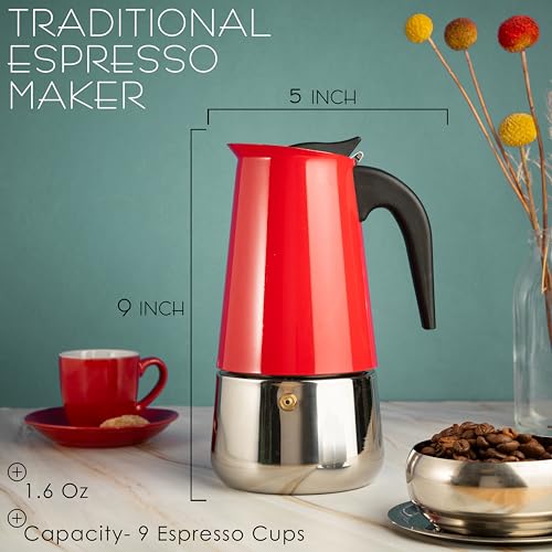 9 Cup Greca Moka Pot Red Stainless Steel Stovetop Espresso Maker (9 Count)