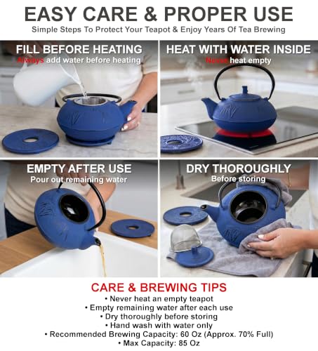 85 Oz XXL Blue Bamboo Cast Iron Teapot