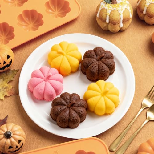 Pumpkin Cake Molds Silicone 3D Pumpkin Cake Cupcake Pan Fall Candy Molds (12 Cavities)