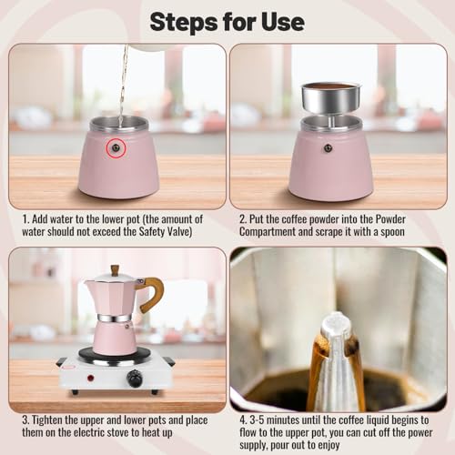 6 Cup Aluminum Moka Pot Classic Stovetop Espresso Coffee Maker 300ml 10oz Coffeemaker Percolator Mocha Pot Greca Coffee Maker Cafe Makers for Italian and Cuban Café Brewing Pink