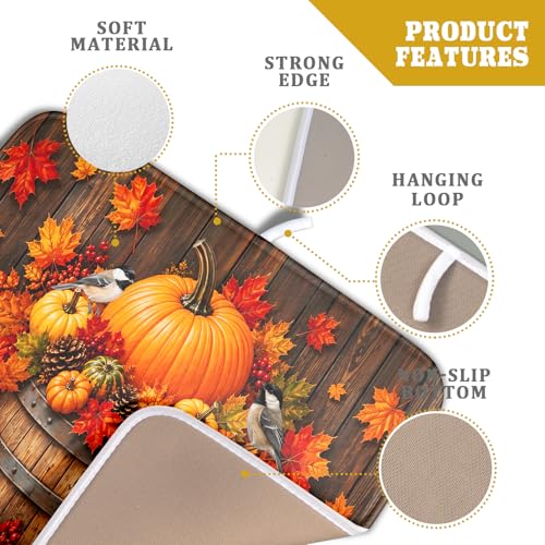 Autumn Dish Drying Mat for Kitchen Countertop Fall Pumpkin Maple Leaf Birds Dish Drainer Mats 16x18inch Rustic Wood Board Grain Dish Drying Rack Pad Protector for Dining Seasonal Decor