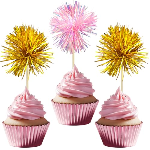 30Pcs Foil Firework Cupcake Toppers Sparkle Tinsel Cake Toppers Tinsel Drink Cake Decoration Cocktail Picks for Birthday Wedding Graduation Party Supplies Gold Pink (30 Count)