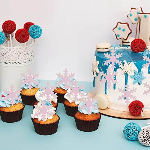 50Pcs Pink Edible Cupcake Cake Toppers Snowflake Cake Decorations for Christmas Winter Frozen Theme Party Supply Decoration (50 Count)