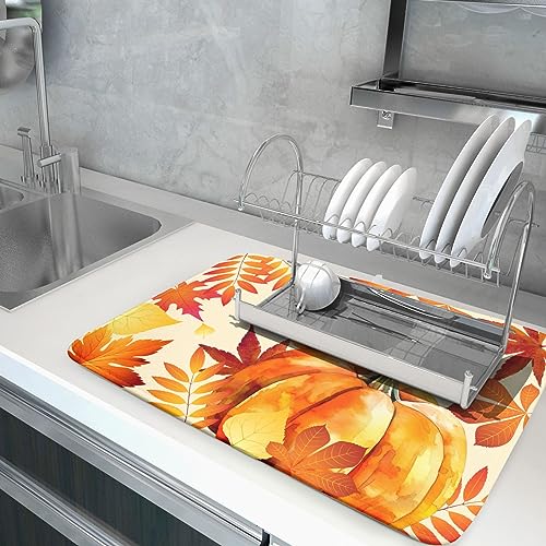 Autumn Pumpkin Maple Leaf Dish Drying Mat for Kitchen Counter