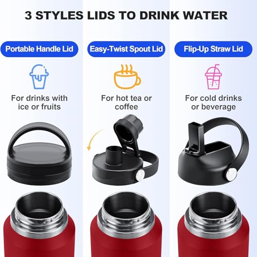 40oz Water Bottle Wide Mouth Stainless Steel Vacuum Insulated Double Wall with 2 Straw Lids Fit in Any Car Cup Holder