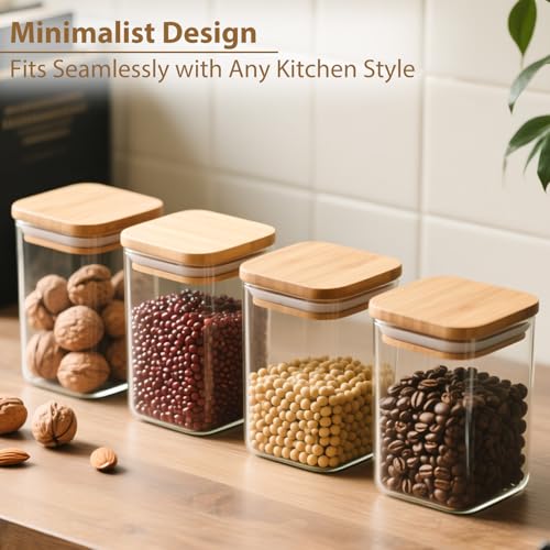 37oz(1.2Qt) Square Glass Storage Containers with Bamboo Lids – 4 Pack Clear Food Airtight Glass Jars for Pantry Organizers and Storage, Kitchen Dry Food, Coffee, Sugar, Flour, Snacks, Spices (4 Count)