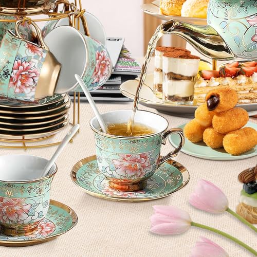 20 Pcs Porcelain Tea Set with Metal Holder (20 Count)