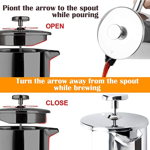 French Press 600ml Double Insulated 304 Stainless Steel Coffee Tea Maker 4 Level Filtration System