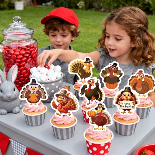 72PCS Edible Thanksgiving Day Cupcake Toppers Wafer Paper Turkey Cupcake Toppers Picks Autumn Cake Decorations for Thanksgiving Party Decoration Supplies