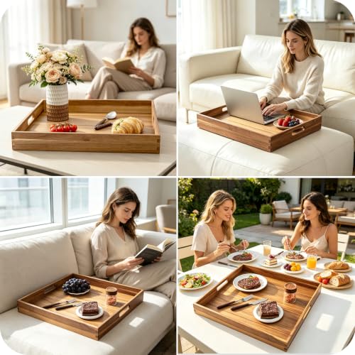 Large Wooden Serving Tray for Ottoman Wooden Ottoman Tray 20INCH Acacia Square Tray with Handles Wooden Coffee Table Tray Multi
