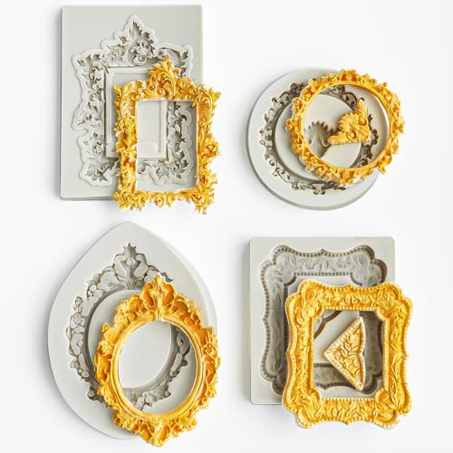 Picture Frame Molds Silicone Baroque Vintage for Fondant Candy Clay Covered Oreo Cake Photo Decorating Cupcake Toppers