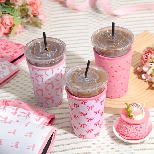 8 Pcs Pink Bow Iced Coffee Sleeve Reusable Neoprene Insulatord Cup Sleeve Coquette Bow Reusable Coffee Insulator Sleeves Holder for Cold Beverages Cups Cold and Hot Drinks