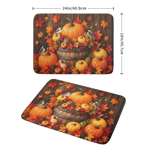 Autumn Dish Drying Mat for Kitchen Countertop Fall Pumpkin Maple Leaf Birds Dish Drainer Mats 18x24inch Rustic Wood Board Grain Dish Drying Rack Pad Protector for Dining Seasonal Decor