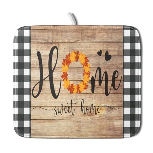Home Sweet Home Dish Drying Mat 16x18 Inch Fall Autumn Maple Leaf Wreath Dish Drainer Mats Rustic Brown Wood Board Microfiber Dish Drying Rack Pad for Kitchen Countertop Farmhouse Decor