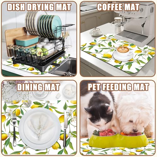 Lemon Fruits Coffee Mat Absorbent Dish Drying Mat for Kitchen Counter Hide Stain Rubber Backed Coffee Bar Accessories Fit Under Espresso Machine