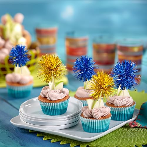 30Pcs Foil Firework Cupcake Toppers Sparkle Tinsel Cake Toppers Tinsel Drink Cake Decoration Cocktail Picks for Birthday Wedding Graduation Party Supplies Gold Dark Blue (30 Count)