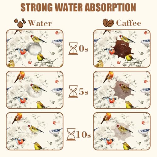 Cute Birds Coffee Mat Absorbent Dish Drying Mat for Kitchen Counter Hide Stain Rubber Backed Coffee Bar Accessories Fit Under Espresso Machine Cafe Table