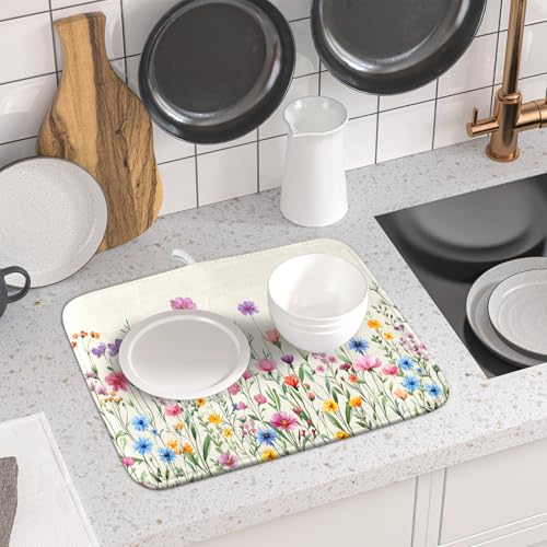 Spring Floral Dish Drying Mat 16"x18" Watercolor Summer Wildflower Dish Drainer Mats Herb Flower Reversible Absorbent Dish Drying Pad Decor for Kitchen Countertop Dining Room