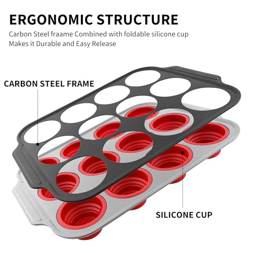 Silicone Muffin Pan for Baking with Metal Frame (12 Count)