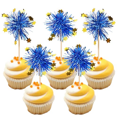 30 PCS Foil Firework Cupcake Toppers Happy Birthday Star Cupcake Picks Sparkle Tinsel Drink Stirrers Cocktail Fruit Toothpicks for Valentine's Day Wedding Birthday Party Decorations Supplies Blue (30 Count)