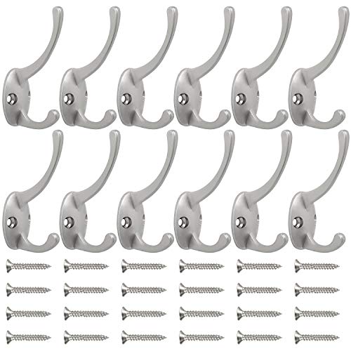 12 Pack Silvery Double Coat Hooks Wall Mounted with 24 Screws (12 Count)